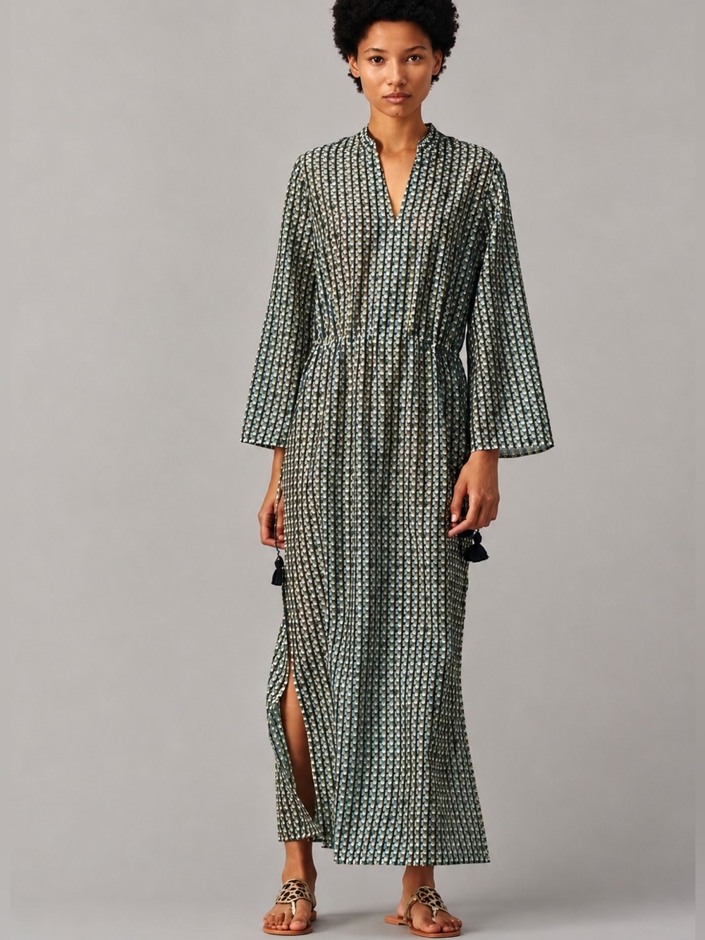Tory Burch Printed Long Caftan | Basket-Weave Logo Geo | 100% Cotton| M